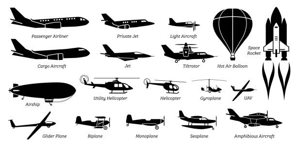 List of different airplane, aircraft, aeroplane, plane and aviation icons. Artwork show airliner, jet, light aircraft, cargo plane, airship, helicopter, space rocket, biplane, monoplane, and seaplane. helicopter illustrations stock illustrations