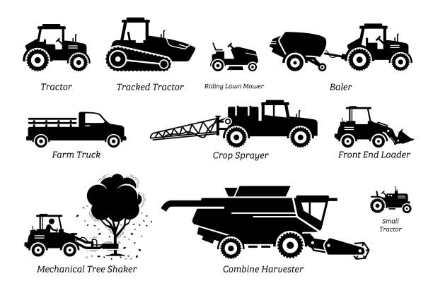 List of agriculture farming vehicles, tractors, trucks, and machines. Illustrations depict tractor, lawn mower, baler, farm truck, crop sprayer, front end loader, tree shaker, and combine harvester. hay baler stock illustrations