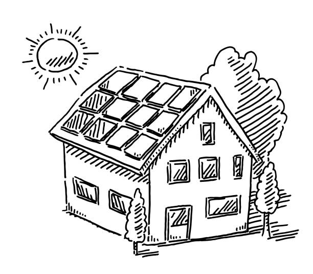 illustrazioni stock, clip art, cartoni animati e icone di tendenza di pannelli di energia solare sul disegno della casa - detached house illustrations