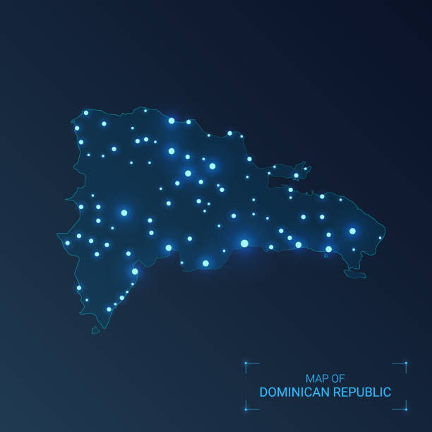 Dominican Republic map with cities. Luminous dots - neon lights on dark background. Vector illustration. Dominican Republic map with cities. Luminous dots - neon lights on dark background. Vector illustration. dominican republic map stock illustrations