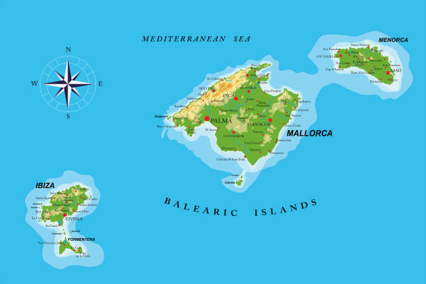 Balearic islands physical map Highly detailed physical map of the Balearic islands ,in vector format,with all the relief forms,regions and big cities. balearic islands stock illustrations