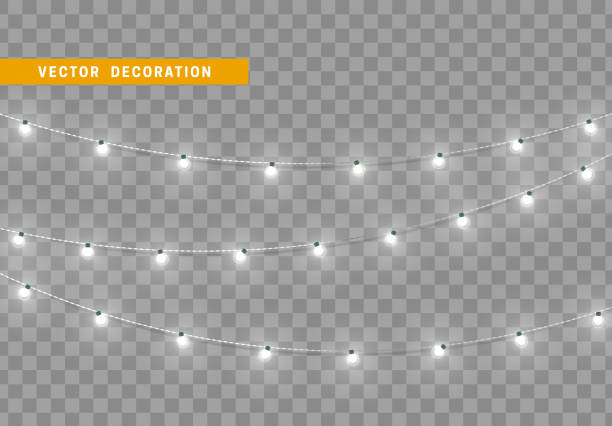 Christmas decorations isolated on transparent background. Christmas decorations, isolated on transparent background. White light garlands realistic set. Silver Xmas decor. Festive design element light through trees stock illustrations