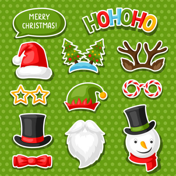 zestaw wesołych świątecznych naklejek na fotobudkę. - santa claus christmas glasses mustache stock illustrations