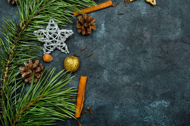 istock Beautiful Christmas Background with copy space for your text. Pine branch, cones, cinnamon and nuts 1179563583