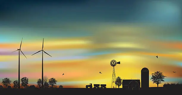 Vector illustration of Wind Turbines on a farm at dawn