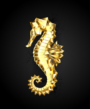 Artistic, polygonal, seahorse of sparkling, gold foil on black background.