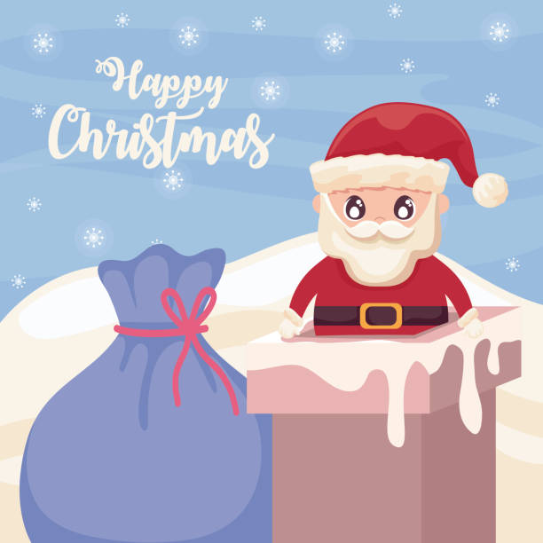 ilustrações de stock, clip art, desenhos animados e ícones de happy christmas label with santa claus entering the chimney - belt men gift night