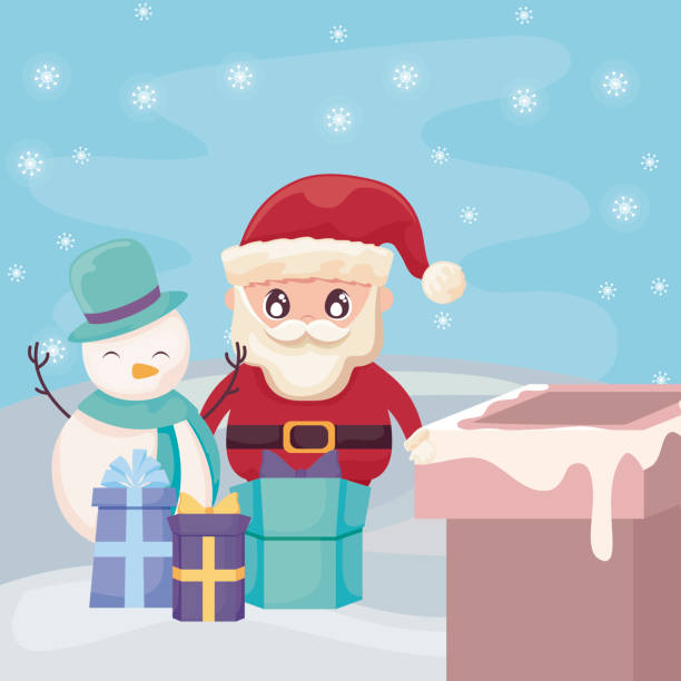 ilustrações de stock, clip art, desenhos animados e ícones de santa claus with snowman on winter landscape - belt men gift night