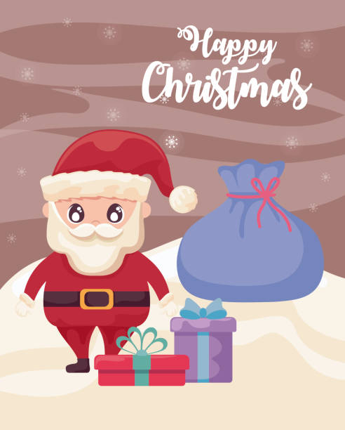 ilustrações de stock, clip art, desenhos animados e ícones de happy christmas label with santa claus with gift boxes on winter landscape - belt men gift night