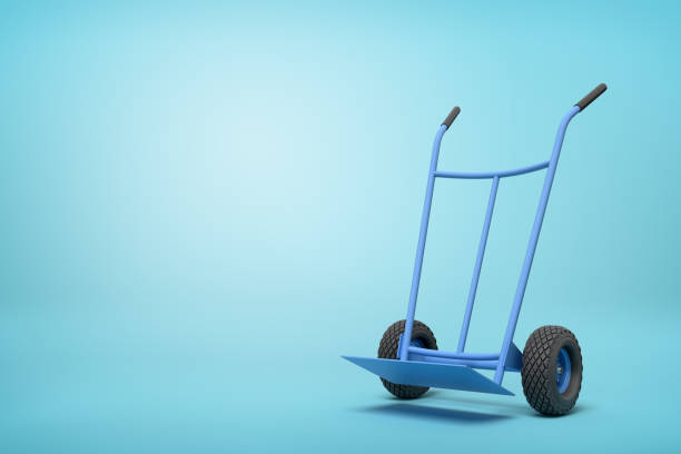 3d rendering of blue empty hand truck standing upright in half-turn on light-blue background with much copy space. 3d rendering of blue empty hand truck standing upright in half-turn on light-blue background with much copy space. Gardening equipment. Material handling. Moving supplies. sack barrow stock pictures, royalty-free photos & images