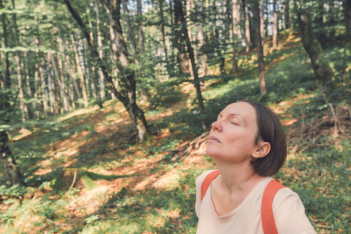 Female hiker taking breath of fresh air in forest and enjoying relaxing walk through woods