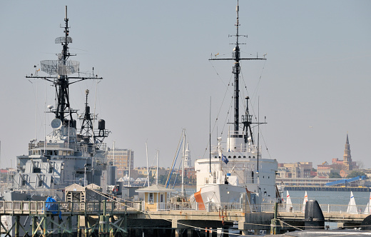 Halifax, NS, CAN, 8.13.2023 - A military vessel docked at a wharf in down town Halifax, Nova Scotia.