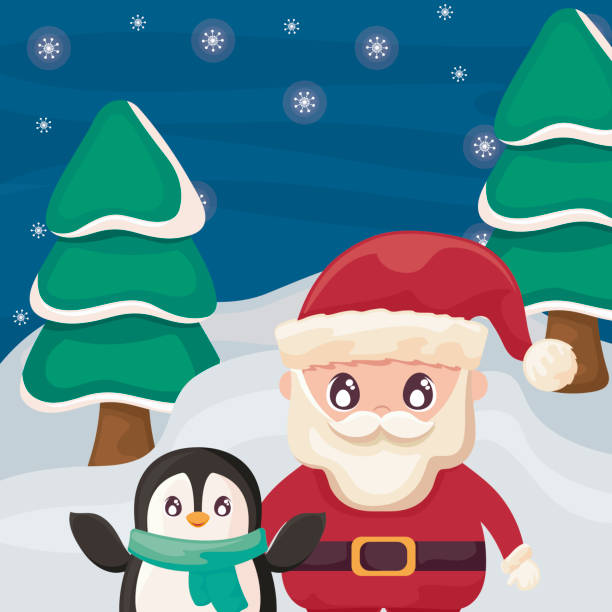 ilustrações de stock, clip art, desenhos animados e ícones de santa claus with penguin on winter landscape - belt men gift night