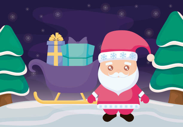 ilustrações de stock, clip art, desenhos animados e ícones de santa claus with sled and gift boxes on winter landscape - belt men gift night