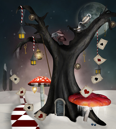 Wonderland series - Winter tree house with fantasy mushrooms and playing cards - 3D render