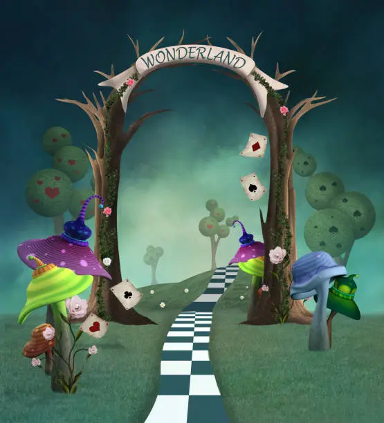 Wonderland series - Fantasy passage with trees, mushrooms and welcome banner - 3D render