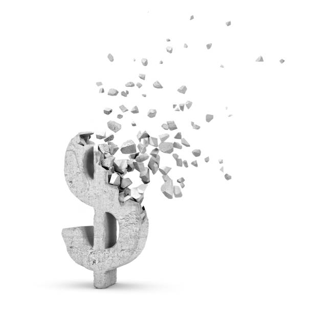 3d rendering of light-grey concrete dollar sign starting to dissolve into pieces on white background.