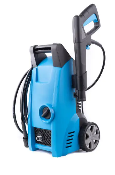 Blue Electric High Pressure Washer Isolated on White. Power Washing Machine. Outdoor Power Equipment. House Cleaning Tool.