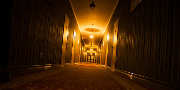 dark vintage motel corridor long dark vintage motel corridor with closed doors motel stock pictures, royalty-free photos & images