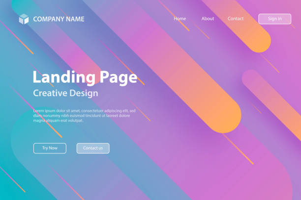 Landing page Template - Abstract design with geometric shapes - Trendy Purple Gradient Landing page template for your website with a futuristic background, looking like a meteor shower. Modern and trendy abstract background with geometric shapes. This illustration can be used for your design, with space for your text (colors used: Orange, Pink, Purple, Blue, Turquoise, Green). Vector Illustration (EPS10, well layered and grouped), wide format (3:2). Easy to edit, manipulate, resize or colorize. neon turquoise stock illustrations