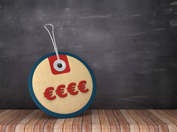 euro sign circular price tag on chalkboard background - 3d rendering - selling buy cube three dimensional shape imagens e fotografias de stock