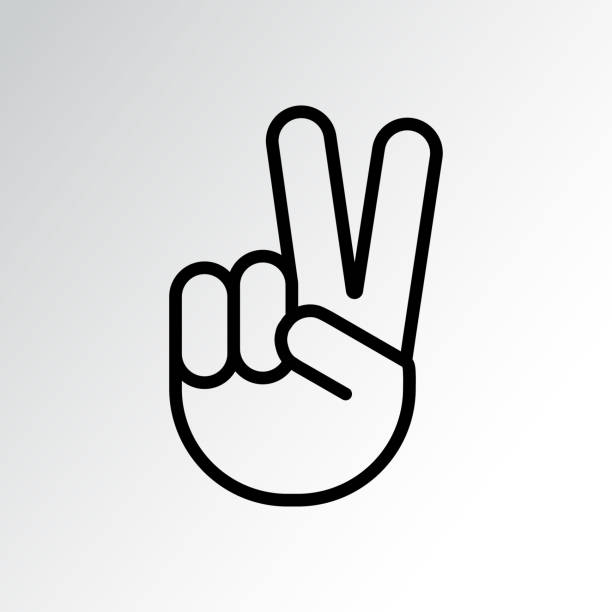 zeichen des sieges oder des friedens. handgeste des menschlichen, schwarzen liniensymbols. zwei erhobene finger. vektor - hand sign stock-grafiken, -clipart, -cartoons und -symbole