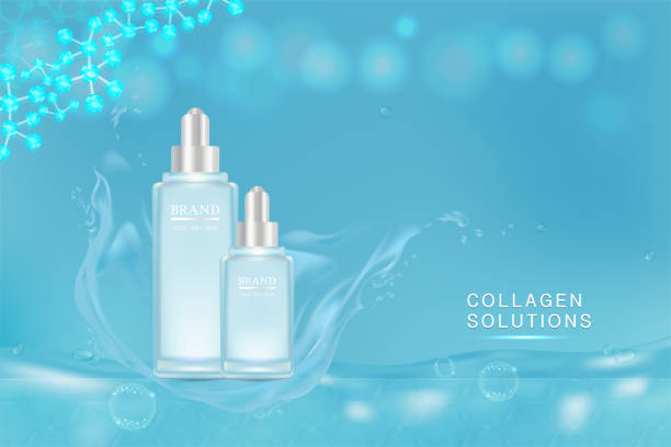istock Beauty product ad design, blue cosmetic containers with collagen solution advertising background ready to use, luxury skin care banner, illustration vector. 1179573733