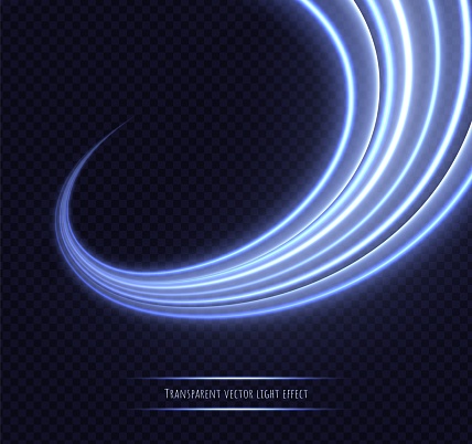 Blue neon twirl light effect isolated on transparent background. Dynamic slow shutter speed effect. Abstract luminescent lines vector illustration.