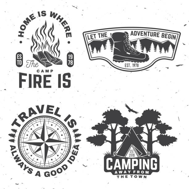 ilustrações de stock, clip art, desenhos animados e ícones de set of outdoor adventure quotes symbol. concept for shirt or logo, print, stamp or tee. vintage design with hiking boots, camping tent, campfire, compass and forest silhouette. - camping campfire boy scout girl scout