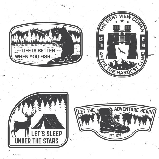 ilustrações de stock, clip art, desenhos animados e ícones de set of outdoor adventure quotes symbol. concept for shirt or logo, print, stamp or tee. vintage design with hiking boots, binoculars, mountains, fishing bear, deer, tent and forest silhouette - camping campfire boy scout girl scout