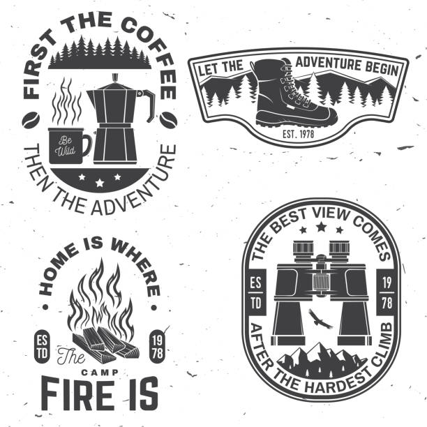 ilustrações de stock, clip art, desenhos animados e ícones de set of outdoor adventure quotes symbol. vector. concept for shirt or logo, print, stamp or tee. vintage design with hiking boots, binoculars, mountains, campfire, coffee and forest silhouette. - camping campfire boy scout girl scout