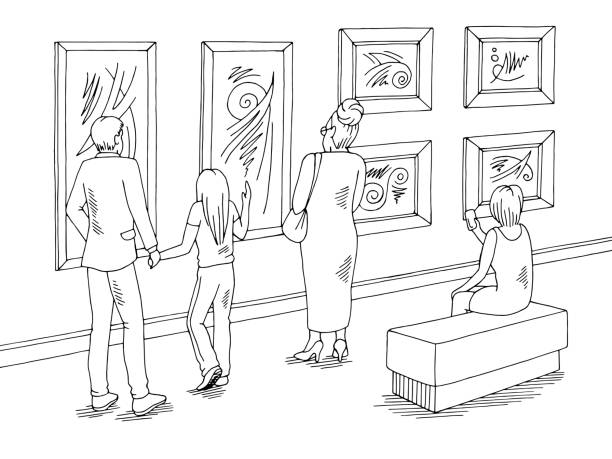 ilustraciones, imágenes clip art, dibujos animados e iconos de stock de gráfico interior del museo blanco negro esbozo vectorial de ilustración - art museum museum architecture bench