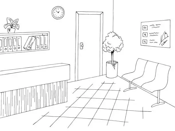 Vector illustration of Hospital lobby reception graphic black white lobby interior sketch illustration vector
