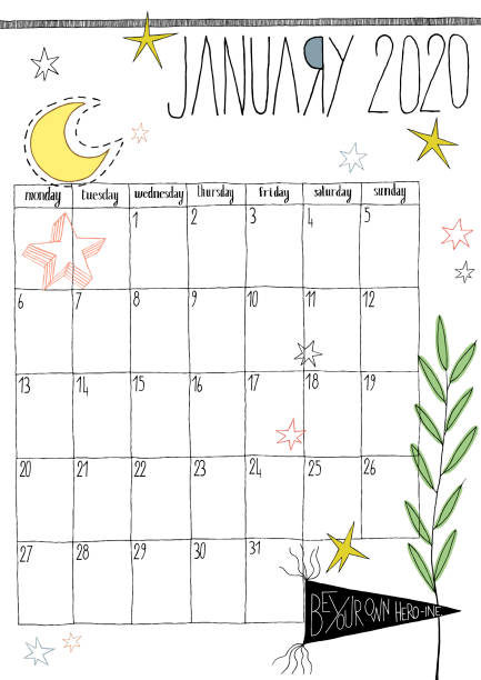 vector illustration of a hand drawn calendar of january 2020 with colored doodles vector art illustration