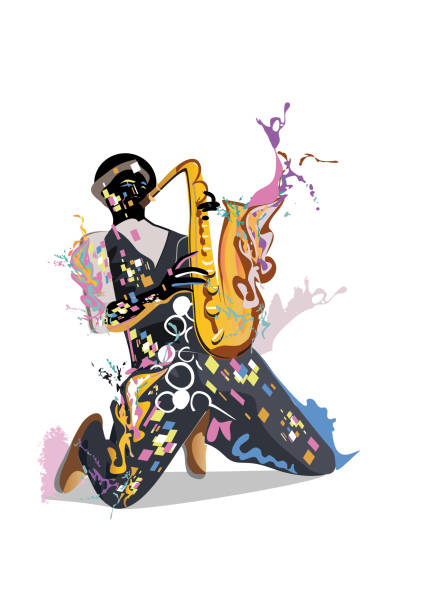 istock Abstract musician with a saxophone decorated with a treble clef and colorful splashes. 1179580321