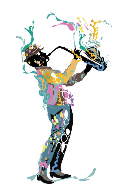 illustrazioni stock, clip art, cartoni animati e icone di tendenza di musicista astratto con sassofono decorato con una chiave acuti e spruzzi colorati. - concerto illustrazioni