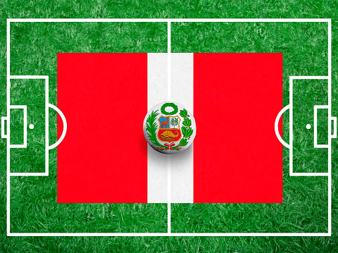 Soccer ball with a flag of Peru on green grass and field Lines