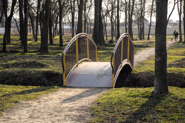 Iron bridge over a ditch in a park. The arcuate bridge.