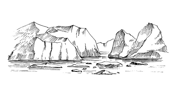 Arctic sketch. Icebergs. Northen landscape. Hand drawn illustration converted to vector