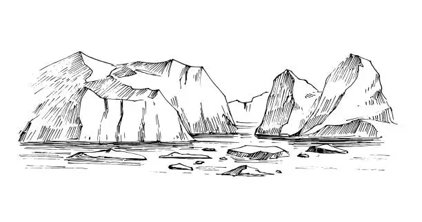 Vector illustration of Arctic sketch. Icebergs. Northen landscape. Hand drawn illustration converted to vector