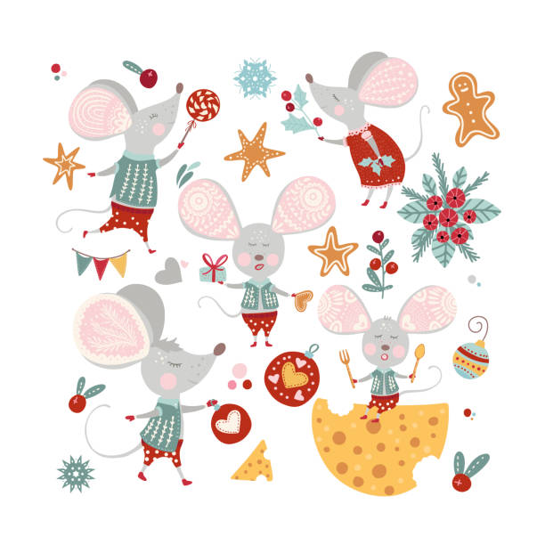 Chirstmas vector cartoon mouse in a flat style. Christmas funny cartoon mouse set in a flat style. Winter vector icon collection with cute New Year mice and decorations. christmas mouse stock illustrations