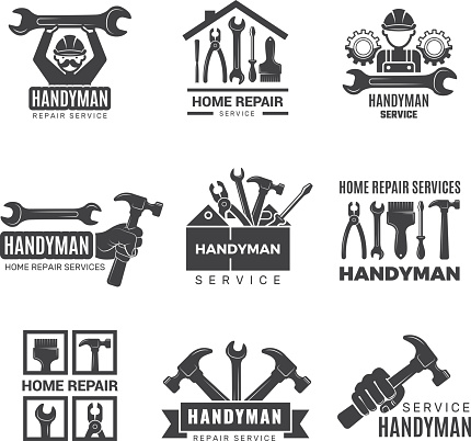 Handyman logo. Worker with equipment servicing badges screwdriver hand contractor man vector symbols. Equipment for repair and construction logo, service logotype toolbox illustration