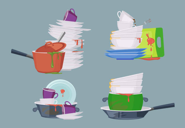 illustrations, cliparts, dessins animés et icônes de plat sale. articles de restaurant de cuisine pour le nettoyage des fourches cuillères bols salad bowls tasses verres vecteur sale - cooking mess