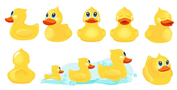 ilustraciones, imágenes clip art, dibujos animados e iconos de stock de pato de baño amarillo. juguetes de agua de goma para niños juegos de baño de ducha con personajes lindos vector de pato - rubber duck