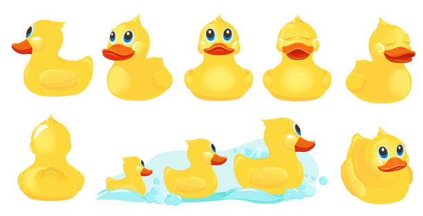 утка желтая ванна. резиновая вода игрушки для детей душевой комнате игры с утиным вектором милые персонажи - rubber duck stock illustrations
