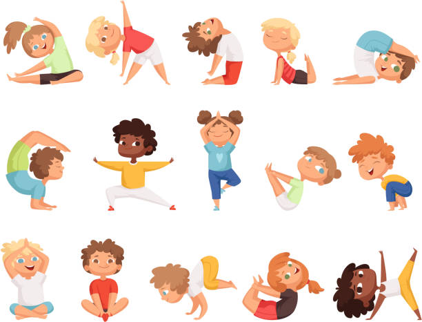 yoga-kinder. kinder machen übungen in verschiedenen posen gesunde sport vektor zeichentrickfiguren - kind stock-grafiken, -clipart, -cartoons und -symbole