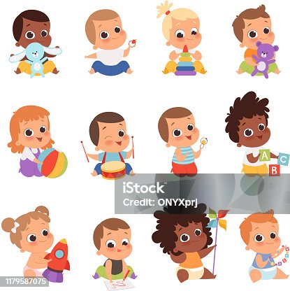 istock Baby characters. New born kids playing toys happy childhood small little one vector babies 1179587075