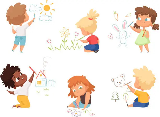 Vector illustration of Kids drawing. Children artists educational funny cute childrens boys and girls making different pictures vector characters