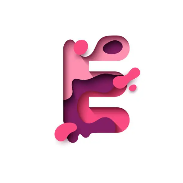 Vector illustration of Paper cut letter E. Design 3d sign isolated on white background.