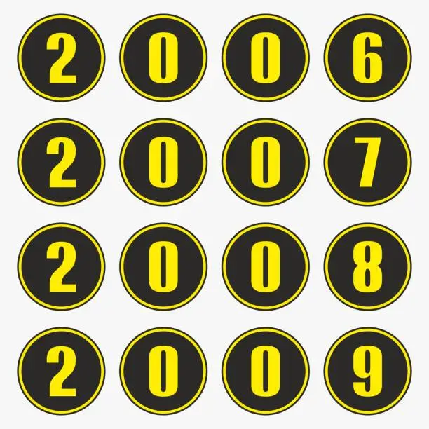 Vector illustration of Past years with yellow numbers in a circle shape,2006,2007,2008,2009 vector.